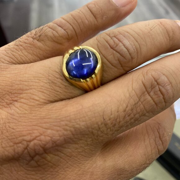 14K Yellow Gol Authentic Men's Ring Size 10" With Blue Stone